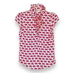 Elizabeth McKay ELIZABETH SHIRT Hot Pink Elephant Print Ruffle Blouse Top Size 0